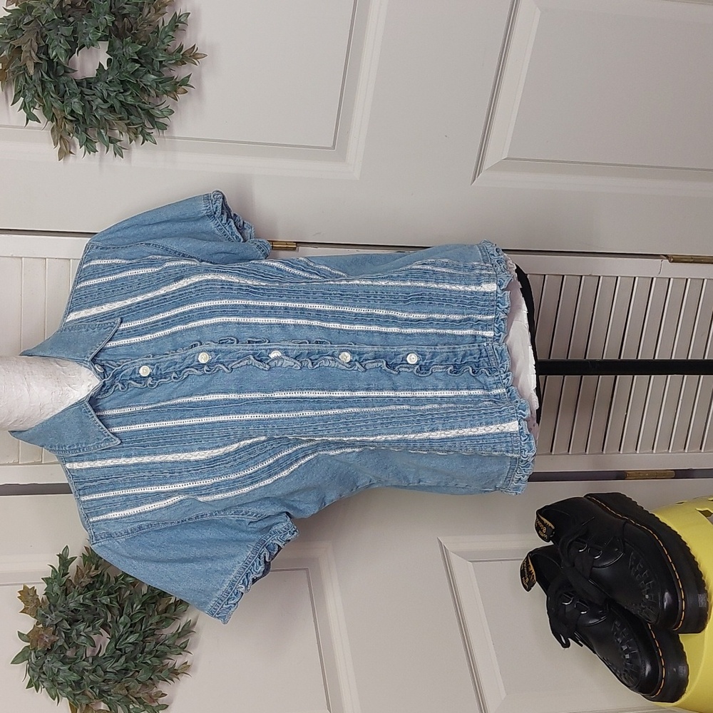Vintage 90's Denim Top With Ruffles And Lace Details, Large
